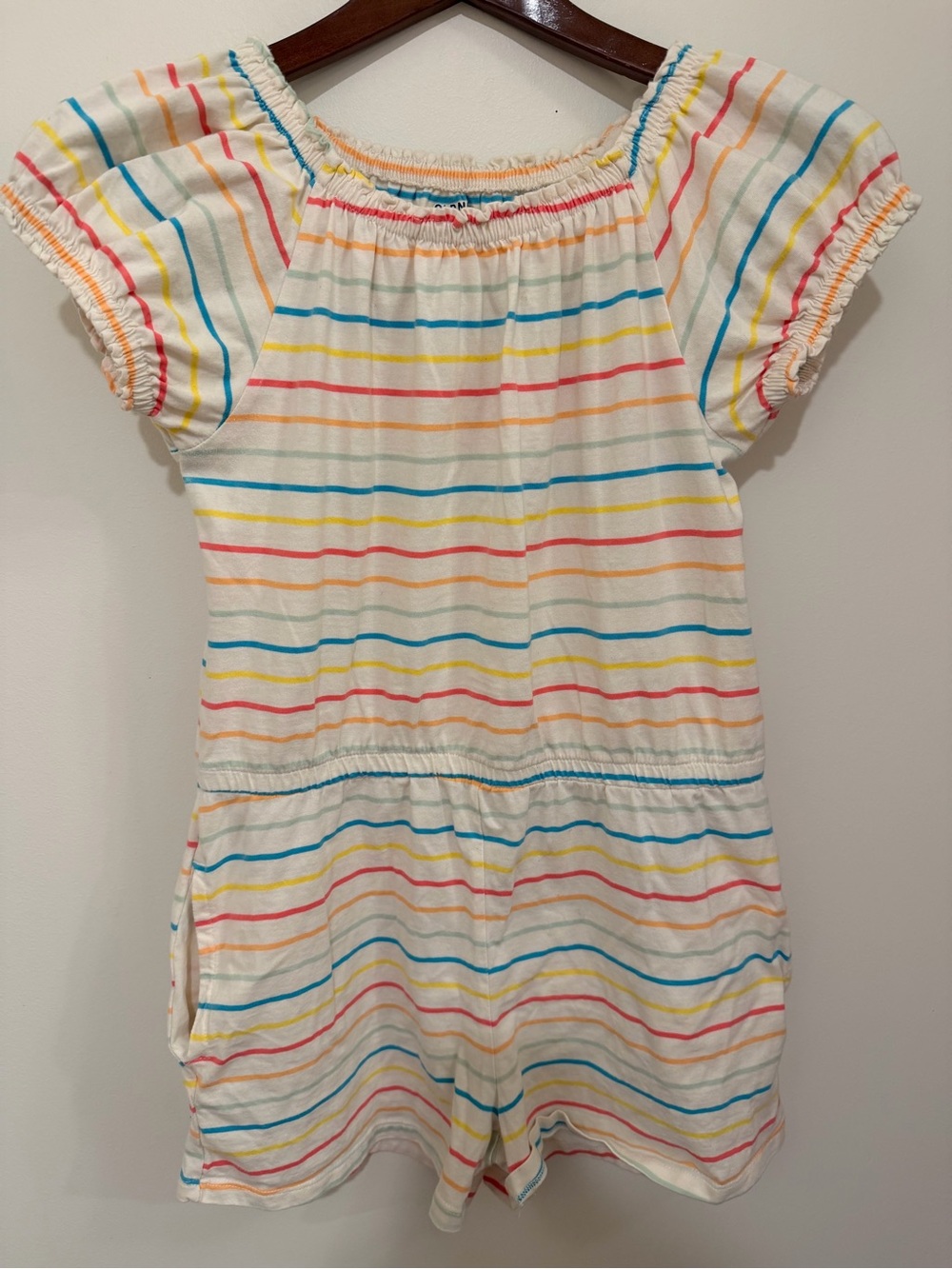 Old Navy Cream Girls' Striped Off-Shoulder Romper with Rainbow Bands